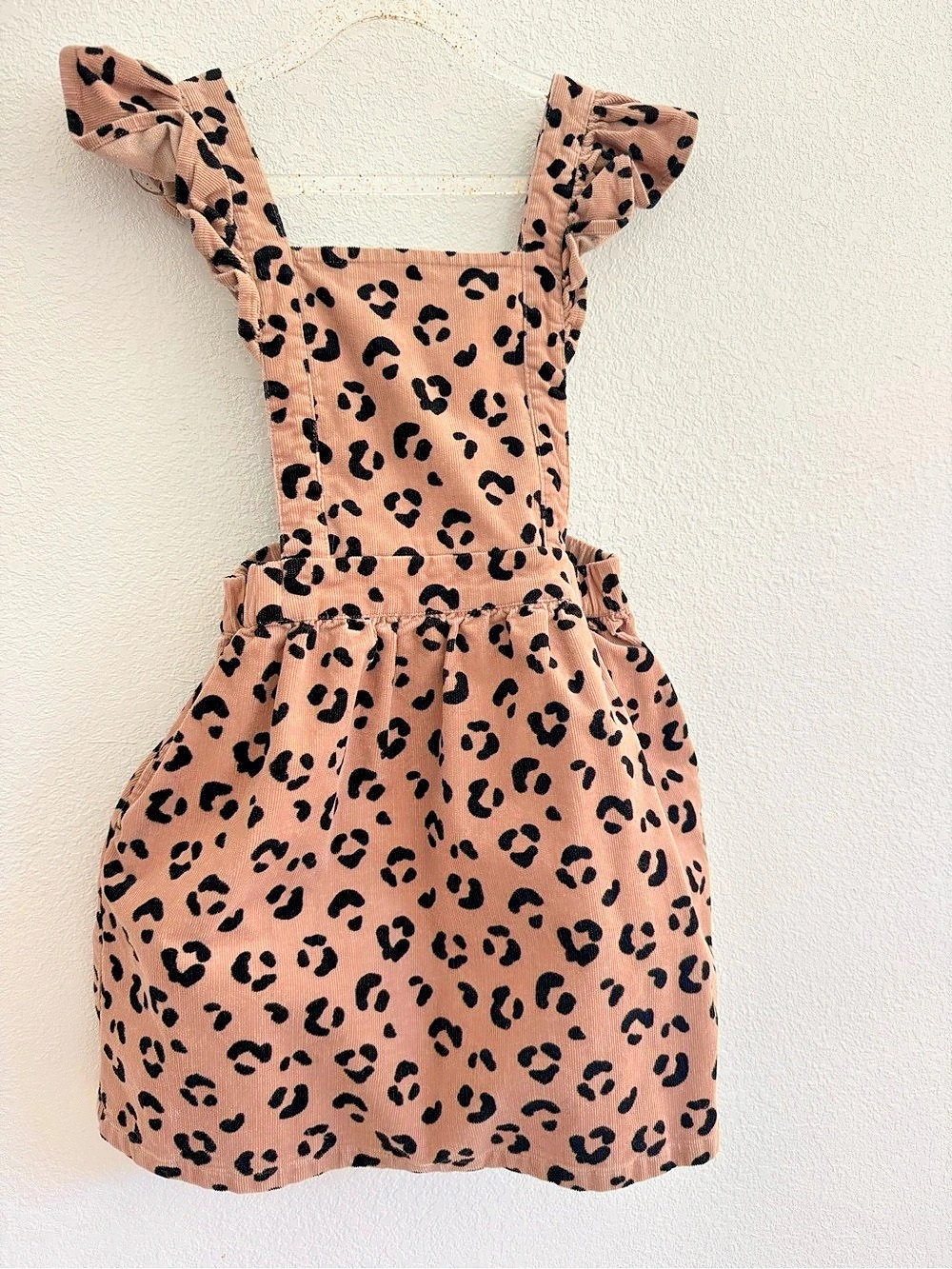 Tucker + Tate Girls 6 Tan Cotton Corduroy Pinafore Leopard Dress *Like New*